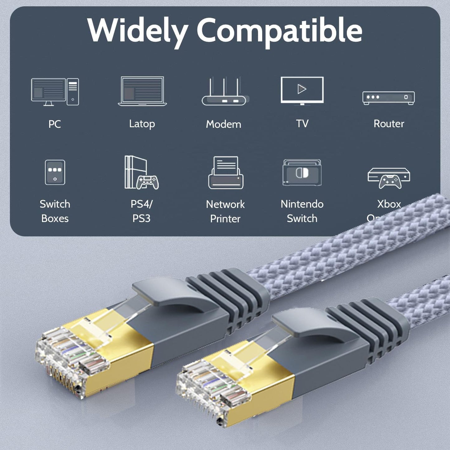 Short Ethernet Cable 1.5 Ft - Nylon Braided Flat High Speed Cat 7 Internet Cable LAN Cable Shielded Fast and Stable Ethernet Cord for Home and Office