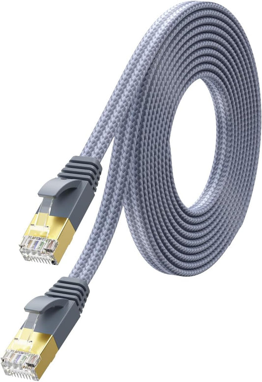 Short Ethernet Cable 1.5 Ft - Nylon Braided Flat High Speed Cat 7 Internet Cable LAN Cable Shielded Fast and Stable Ethernet Cord for Home and Office